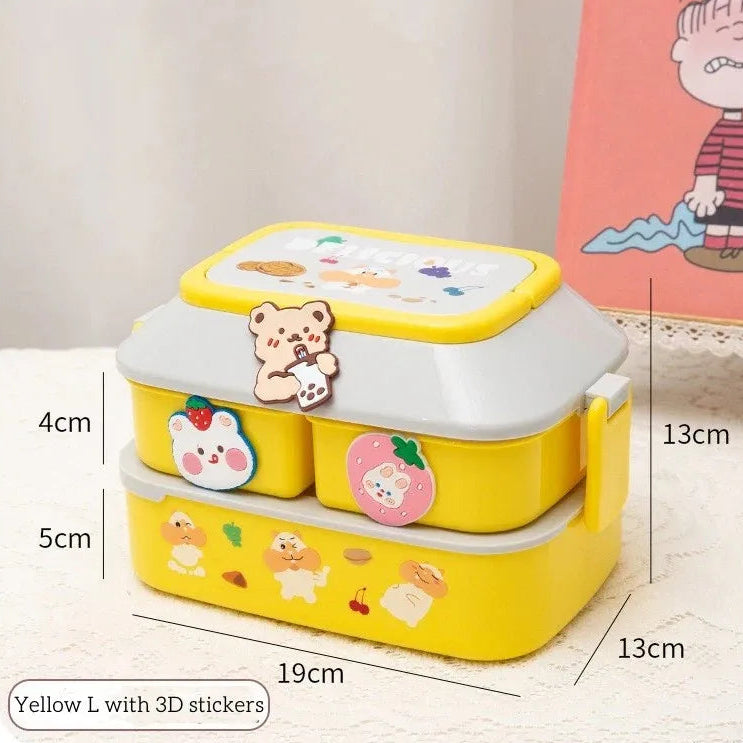 Yellow kawaii bento box with 3D stickers and measurements on a light background