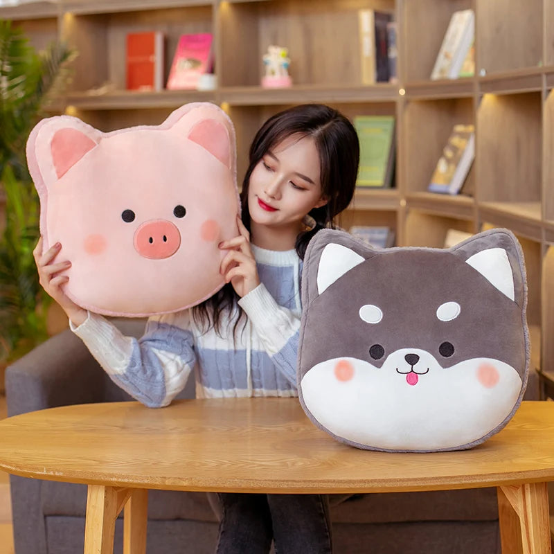 Woman holding a pink pig-shaped kawaii pillow and a gray dog-shaped pillow in a room with bookshelves.