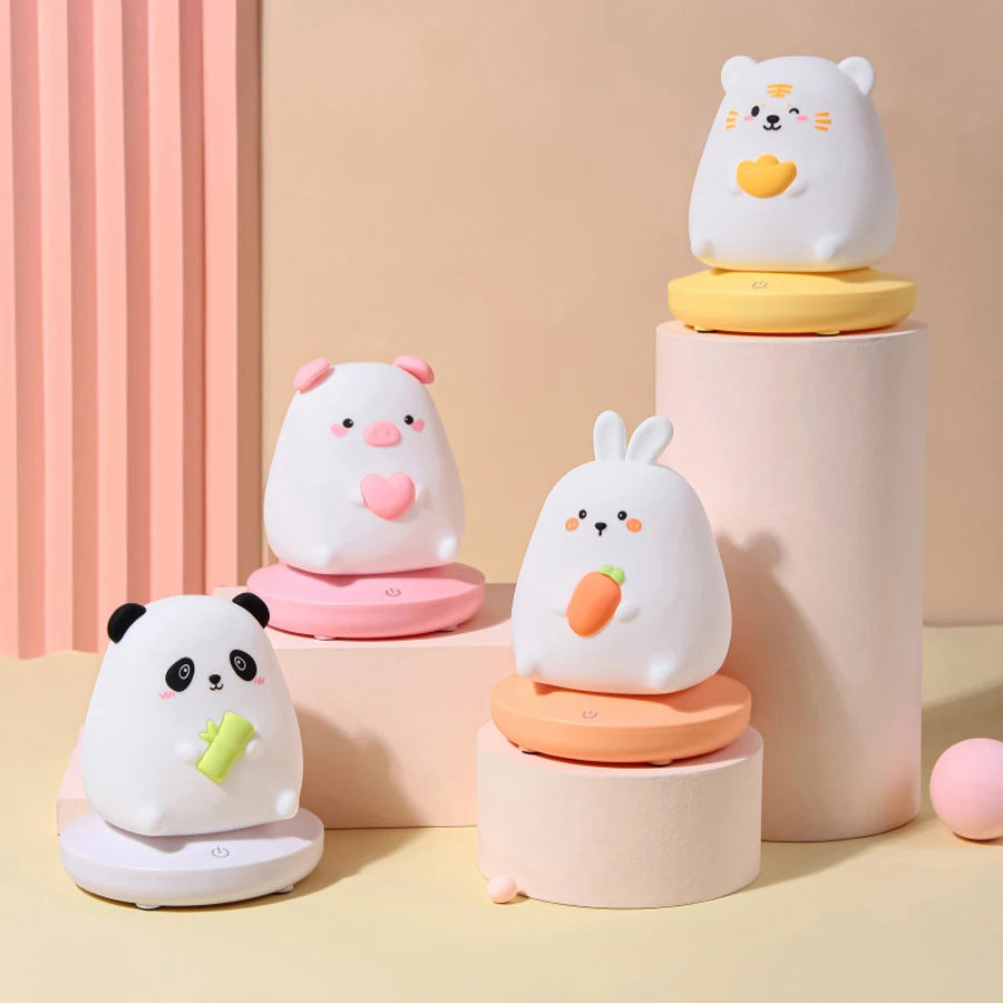 Set of kawaii cute animal-shaped night lights on a pastel background