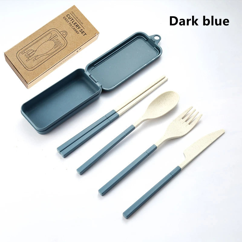 Dark blue kawaii utensils set with matching carrying case on a white background
