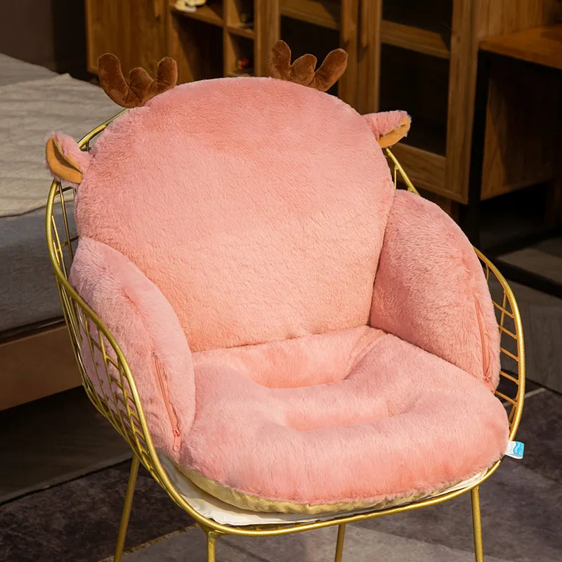 Pink kawaii plush chair cover with deer antlers on a gold chair.