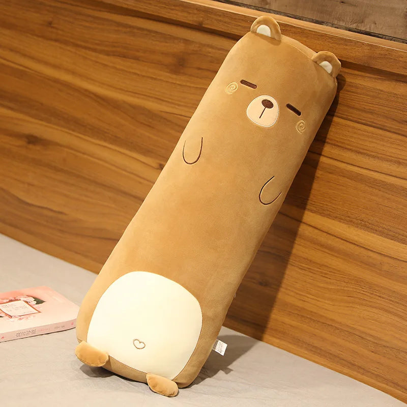 Brown bear-shaped kawaii plush toy with a light on a wooden surface