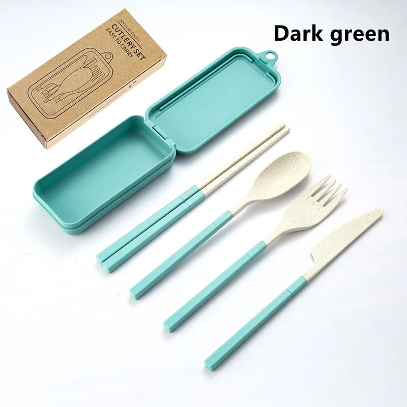 Dark green kawaii utensils set with carrying case on a white background