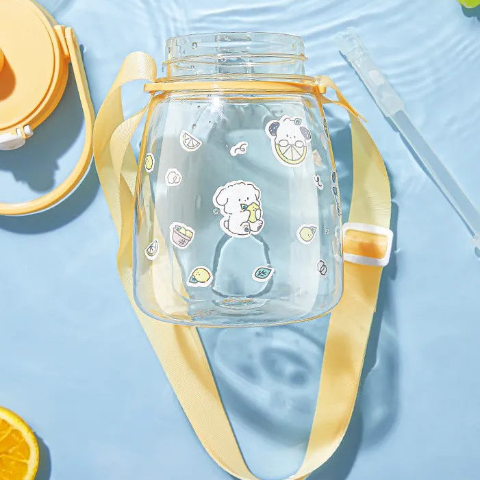 Kawaii water bottle with straw and cartoon character on a blue background with text 'Clean and stain-free'.