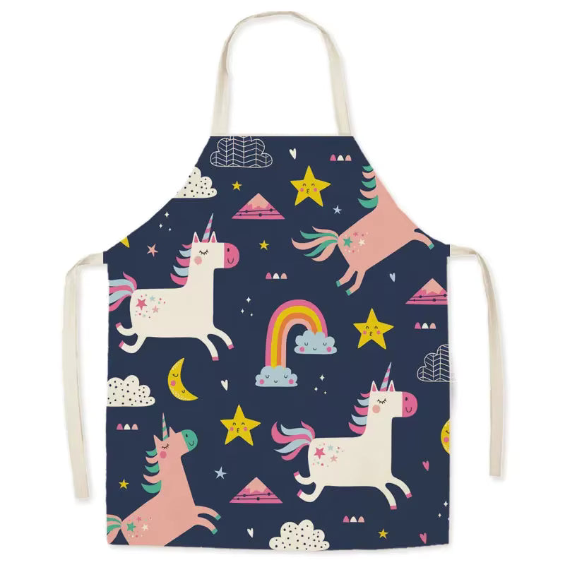 Children's kawaii apron with unicorn and rainbow pattern on a blue background
