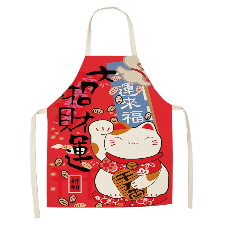 Red kawaii apron with a cartoon cat and Chinese characters on a white background