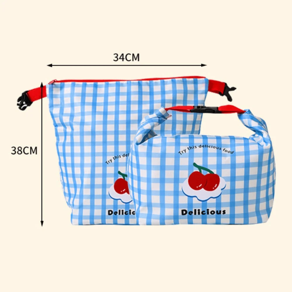 Blue checkered kawaii bag with cherry design and measurements on a beige background