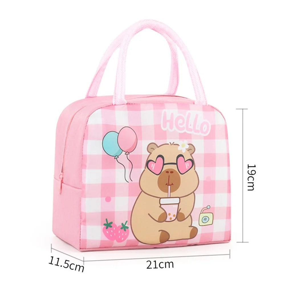 Pink cartoon kawaii bag with a bear design and 'Hello' text, dimensions indicated.