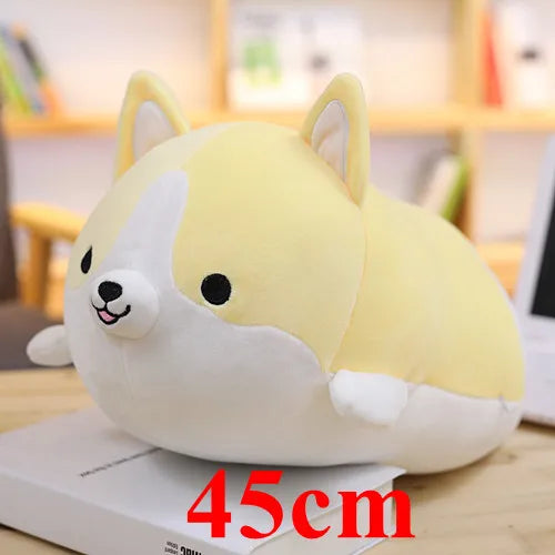 Cute plush kawaii toy with a face on a book, labeled '45cm', in a blurred indoor setting.