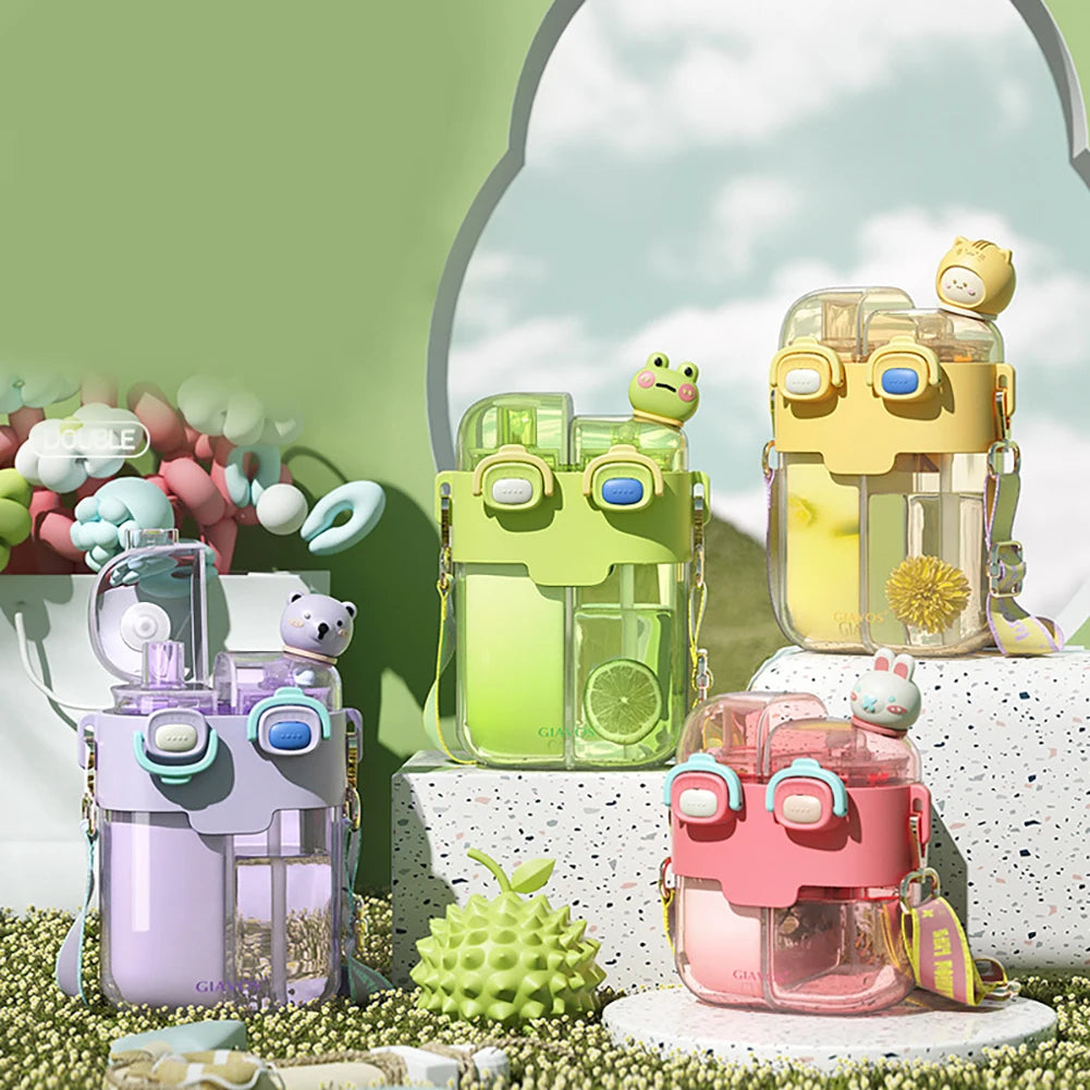 Colorful kawaii water bottles on a decorative background with flowers and clouds