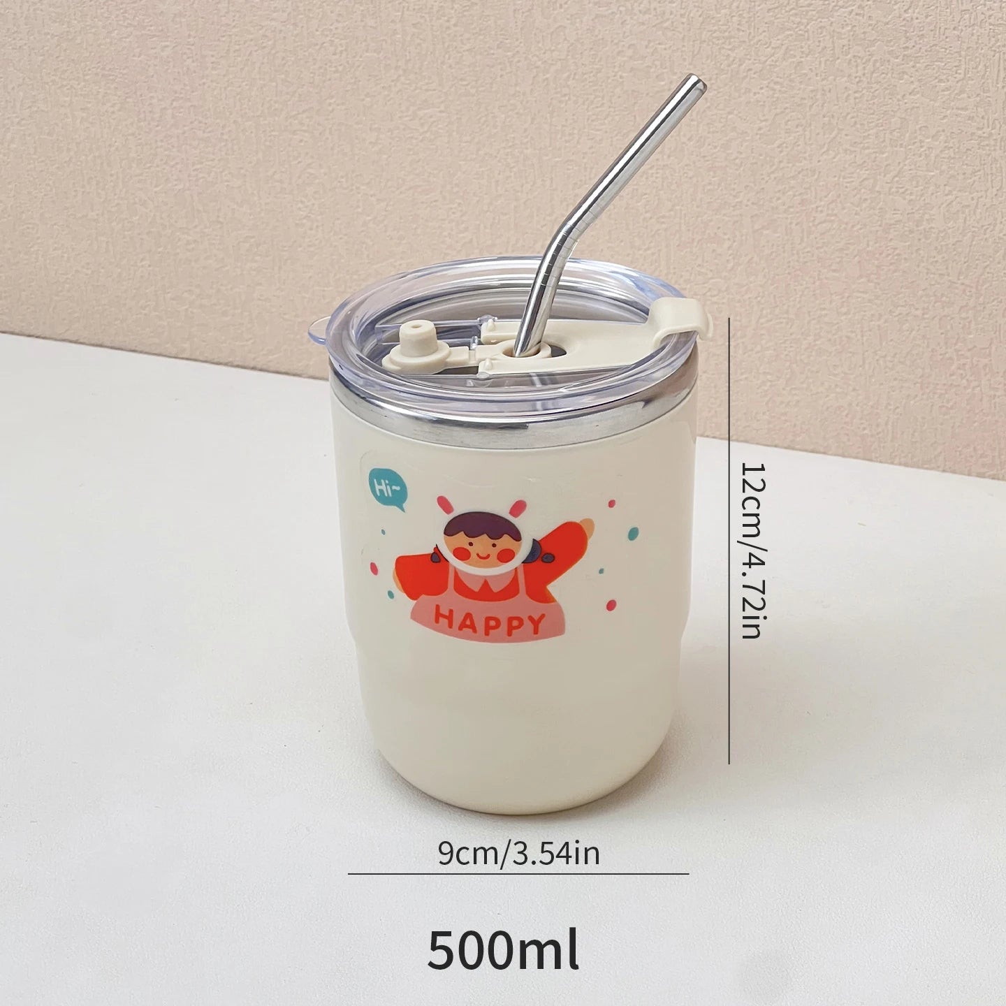 White kawaii tumbler with cartoon character and straw on a beige background