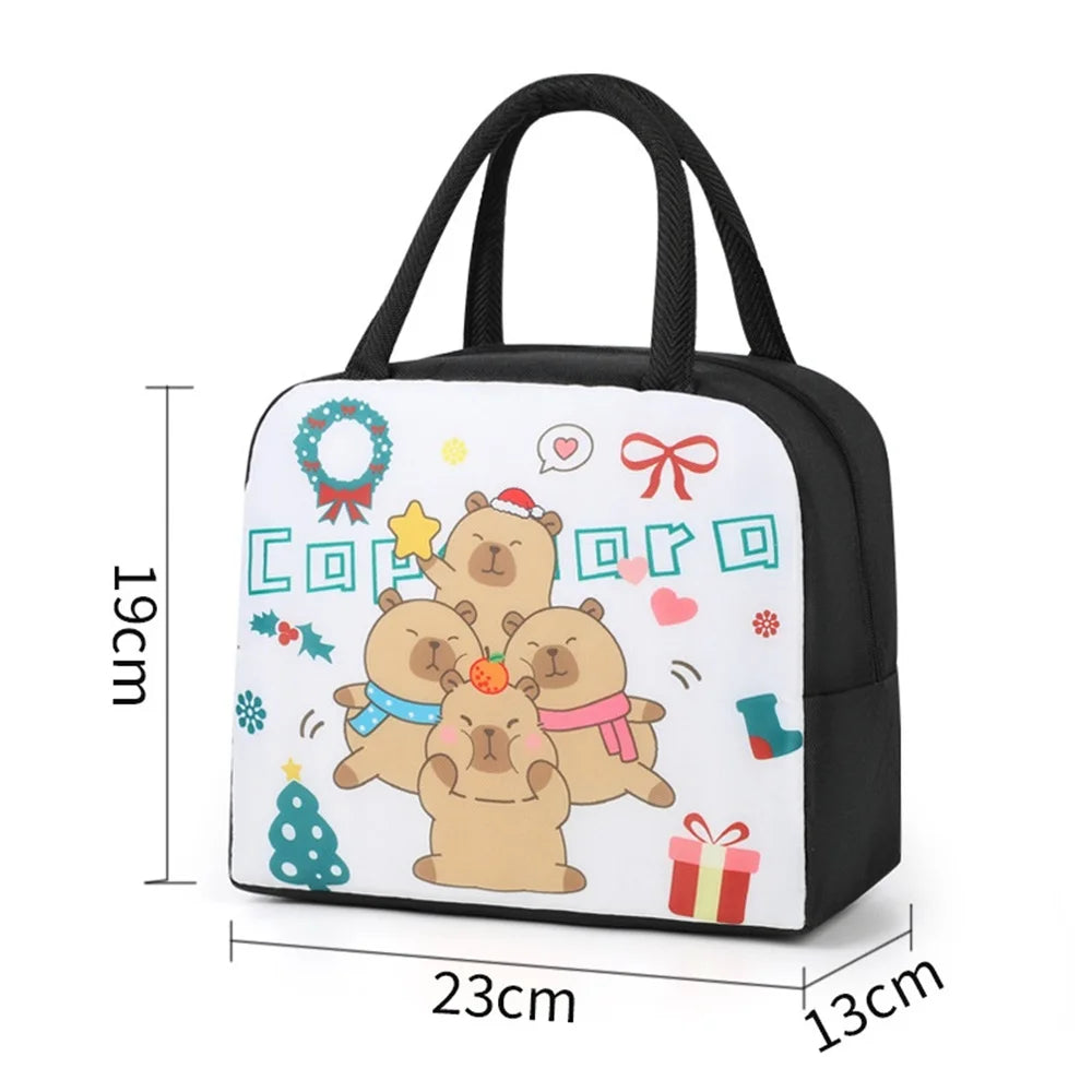 Kawaii lunch bag with cartoon bears design and measurements on a white background