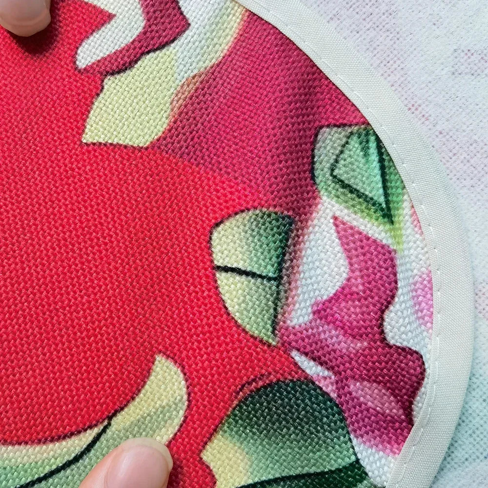 Close-up of a fabric patch with floral design of a kawaii apron