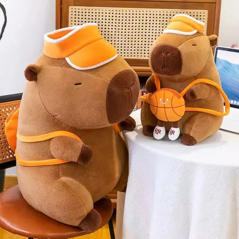 Two kawaii plush bear toys with sports gear on a table.