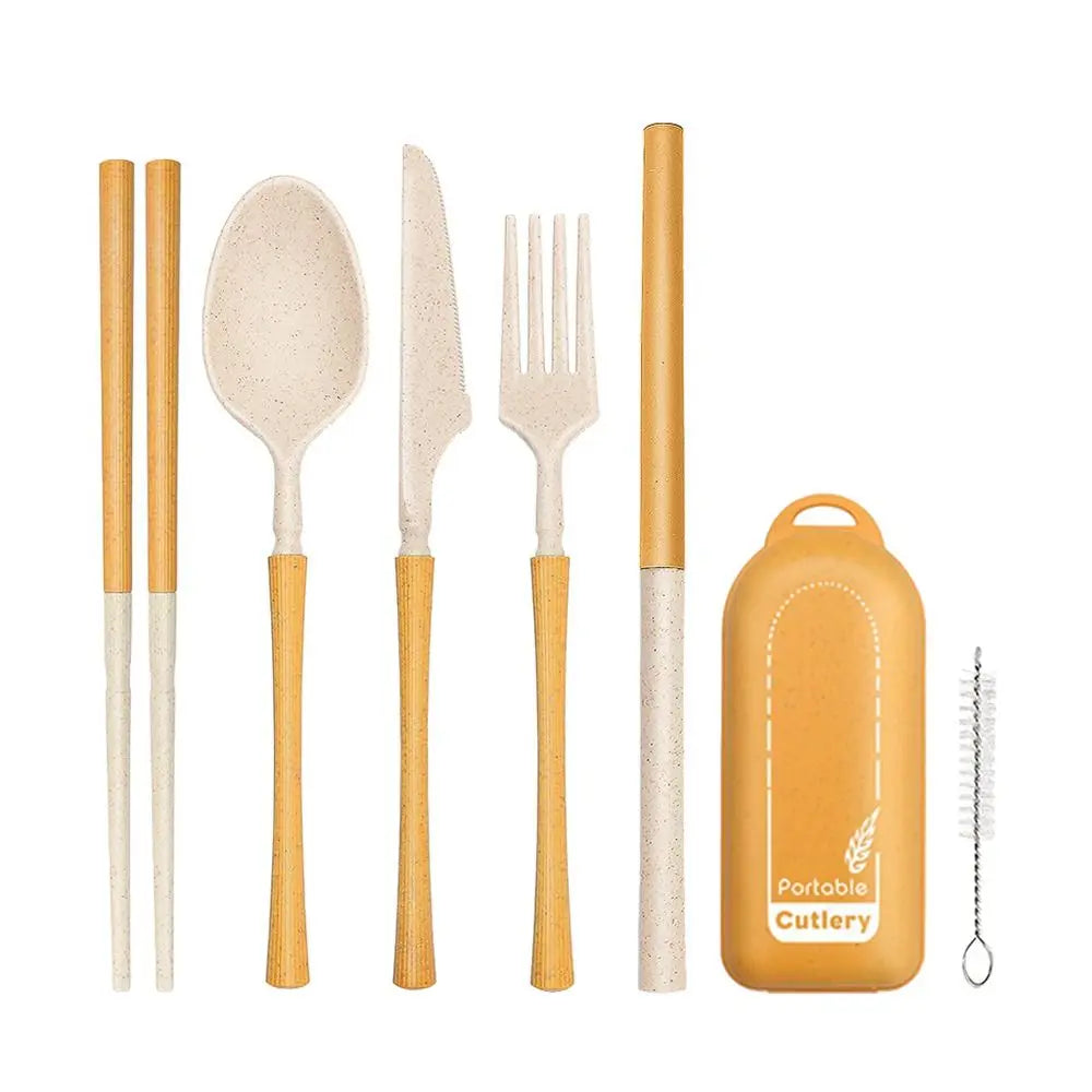 Set of yellow and white kawaii utensils with carrying case on a white background