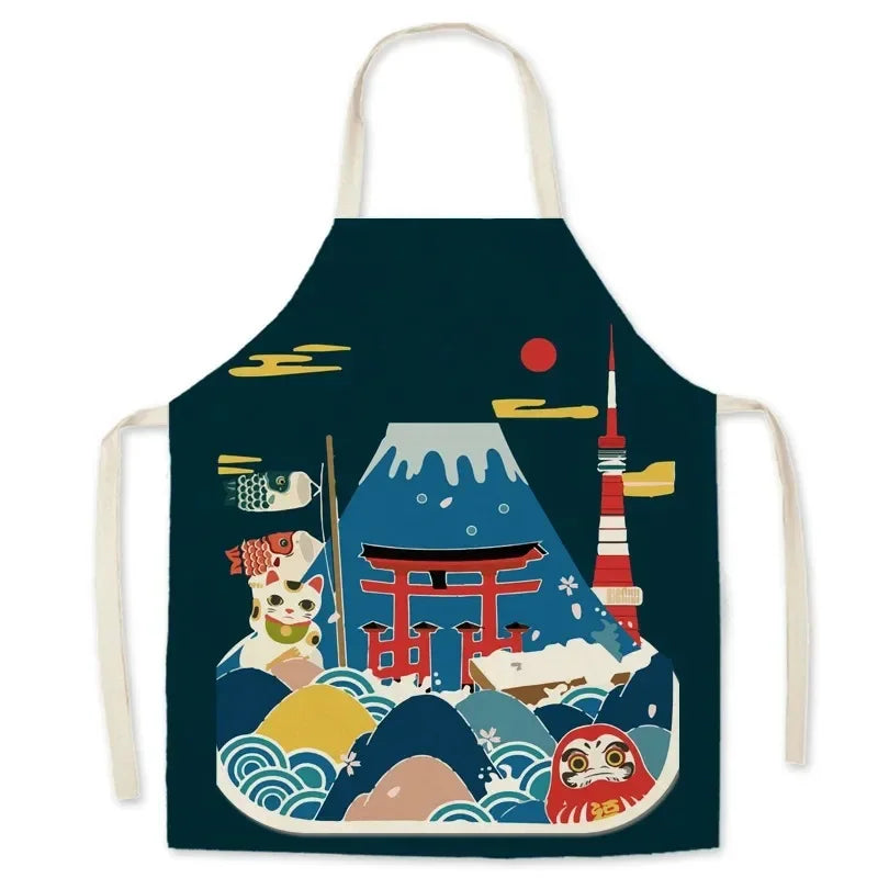Kawaii apron with Japanese-themed design featuring Mount Fuji, Tokyo Tower, and a cat on a white background
