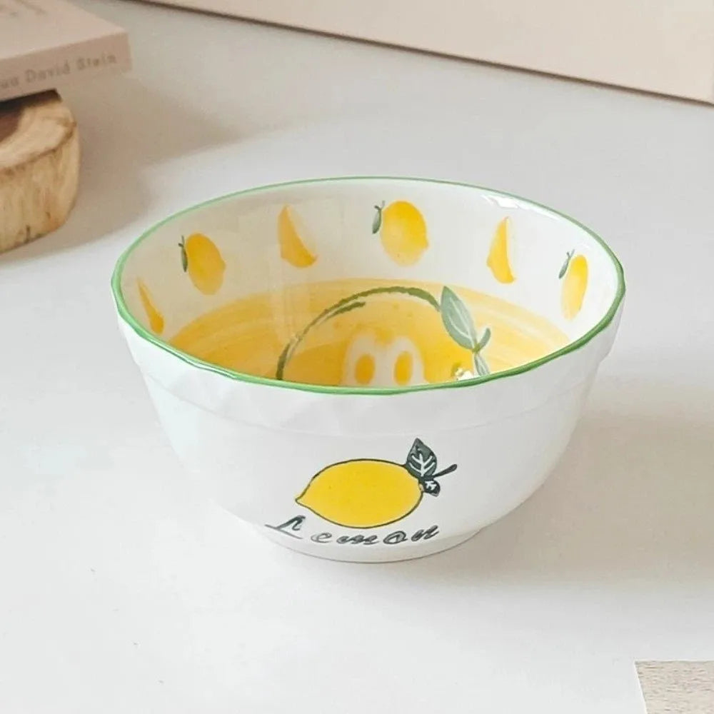 White kawaii ramen bowl with lemon designs on a light surface
