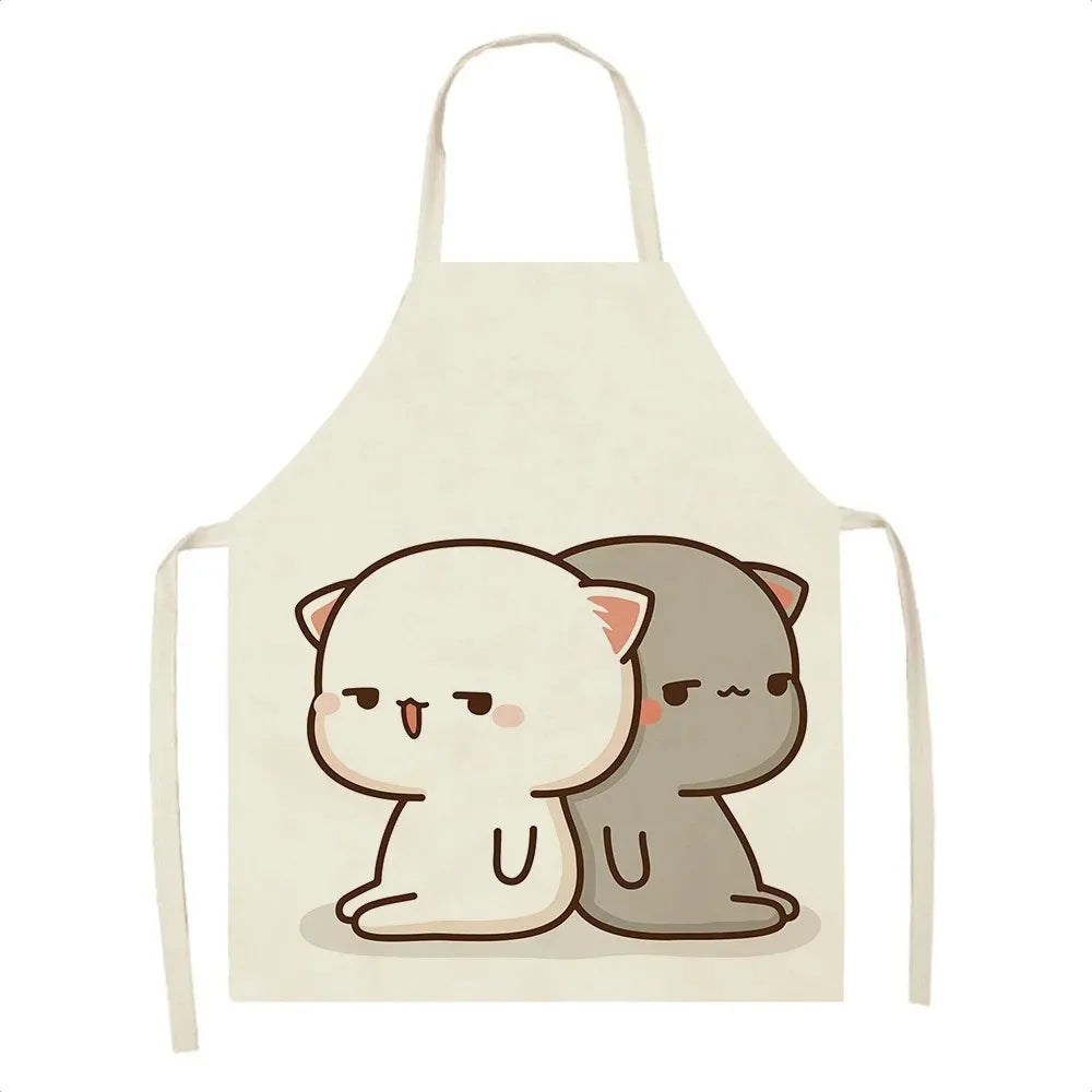 Beige apron with Kawaii cartoon cats design on a white background