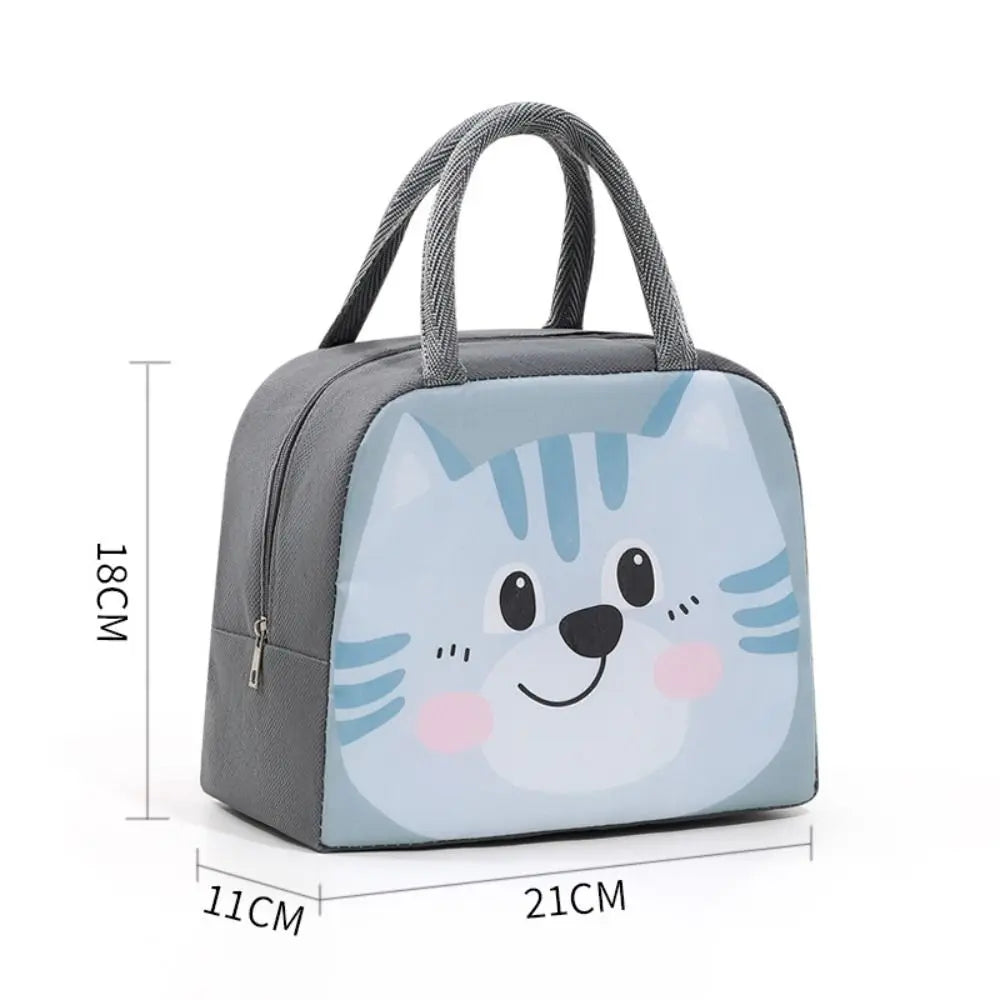 Gray kawaii lunch bag with a cat face design and measurements on a white background