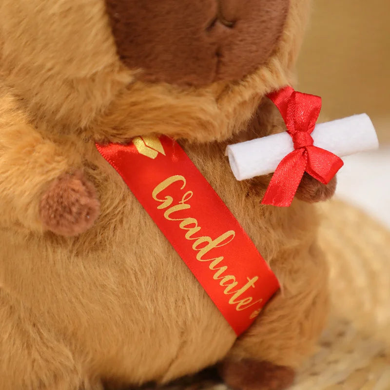 Brown capybara plush toy wearing a red 'Graduate' sash and white diploma on a beige background