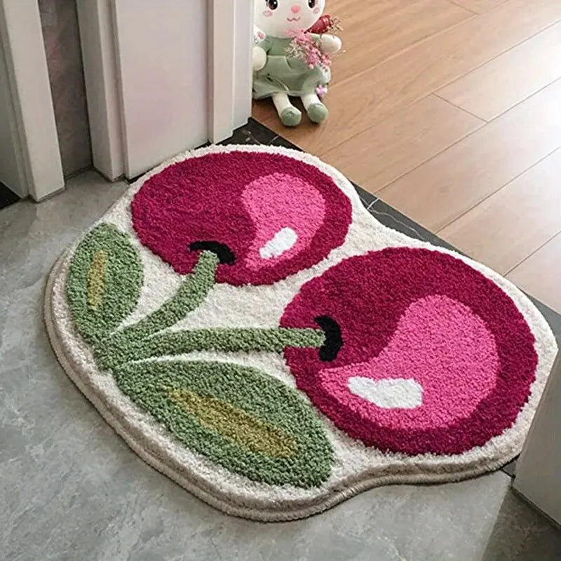 Round kawaii rug with cherry design on a floor