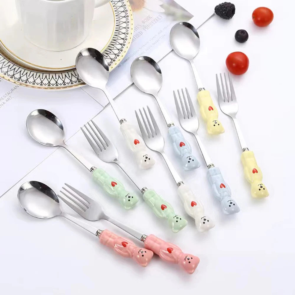 A group of kawaii utensils in various colors on the table