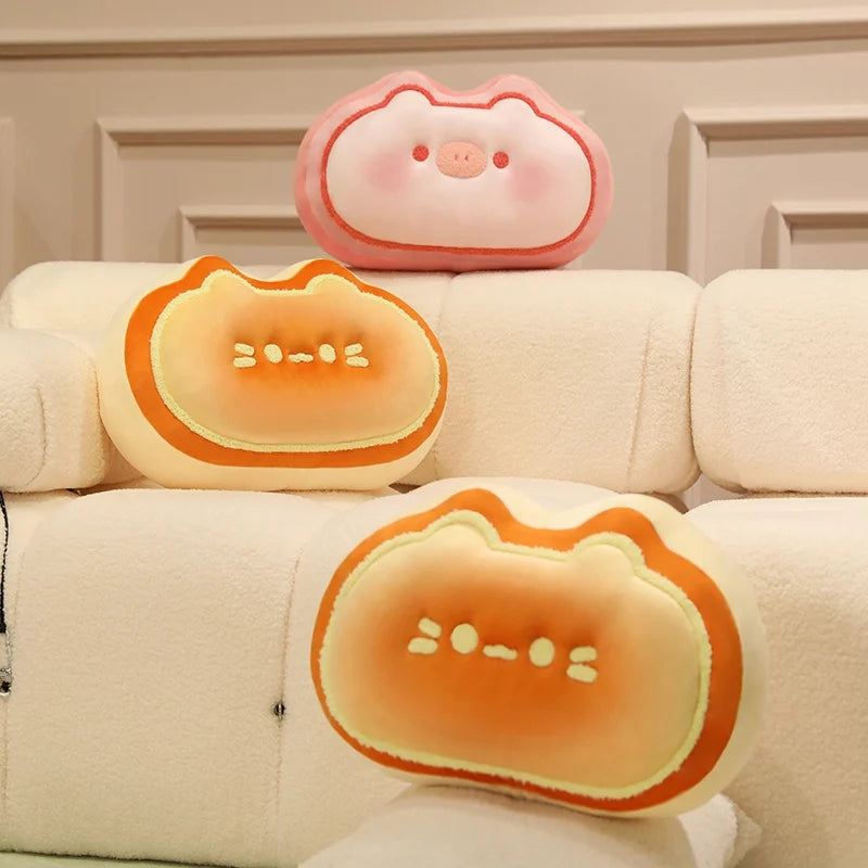 Three cute kawaii plush toys shaped like bread slices on a beige couch.