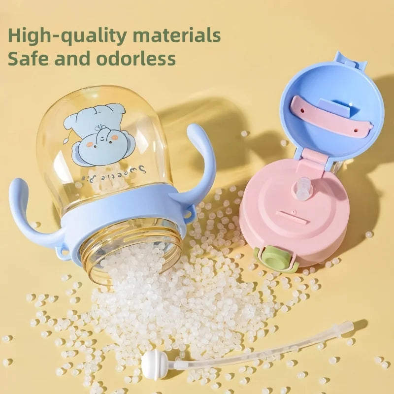 Two kawaii bottles, one yellow with blue accents and the other pink with green accents, on a yellow background.