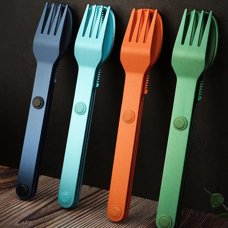 Four colorful kawaii utensils propped up against the wall