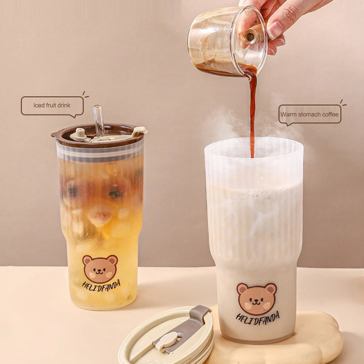 Hand pouring a drink into a kawaii tumbler with a bear design, with text about DIY beverages.