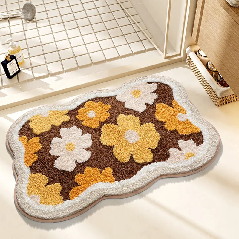 Floral-patterned kawaii bath mat on a bathroom floor
