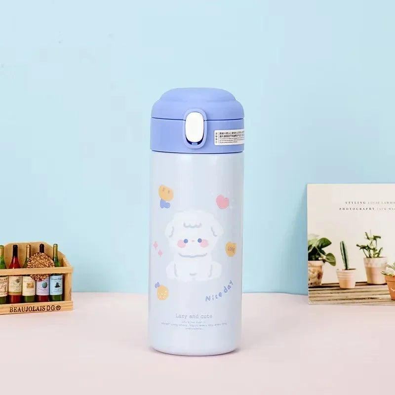 Light blue kawaii water bottle with cartoon design on a light blue background