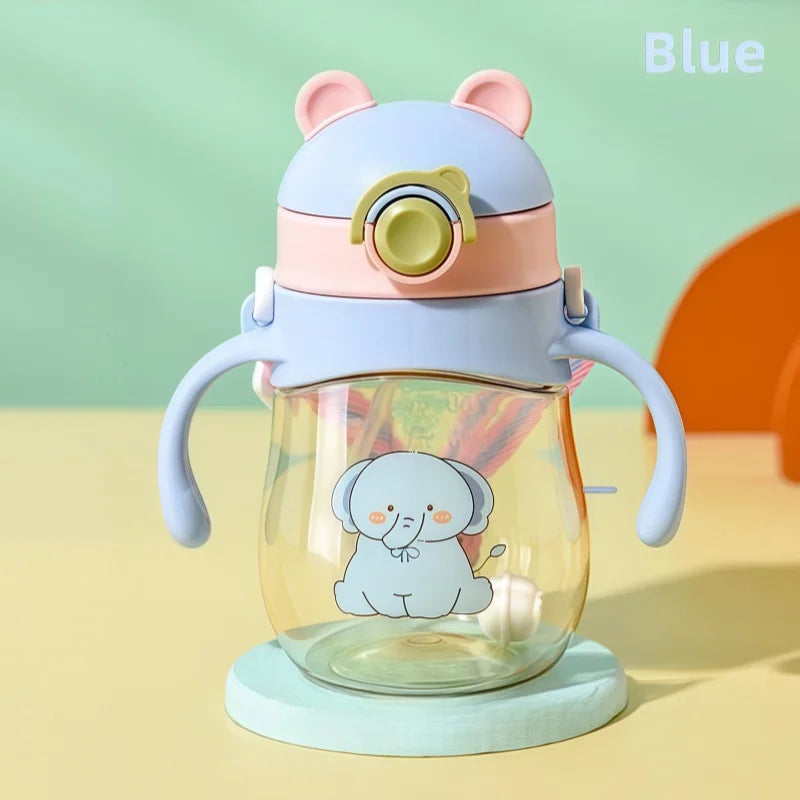 Kawaii water bottle with cartoon elephant design on a colorful background
