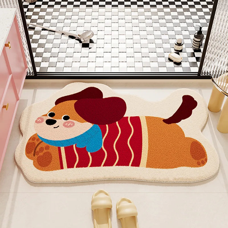 Dog-shaped kawaii bath mat in a bathroom setting with checkered floor and pink cabinet.
