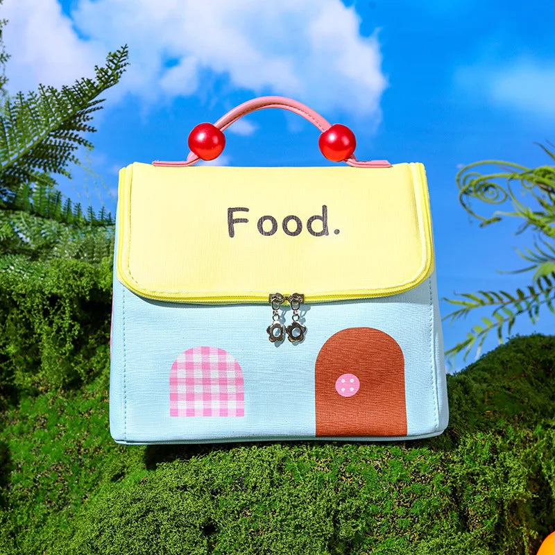 Colorful kawaii bag with 'Food.' text on a grassy background