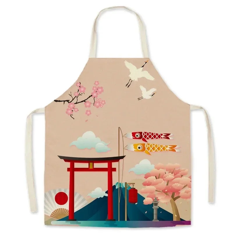 Kawaii apron with Japanese-themed design featuring cherry blossoms, cranes, and a torii gate on a beige background.