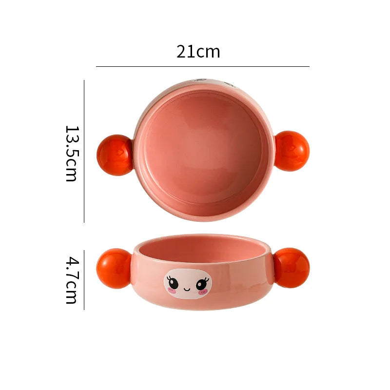 Pink kawaii ramen bowl with orange handles and measurements on a white background