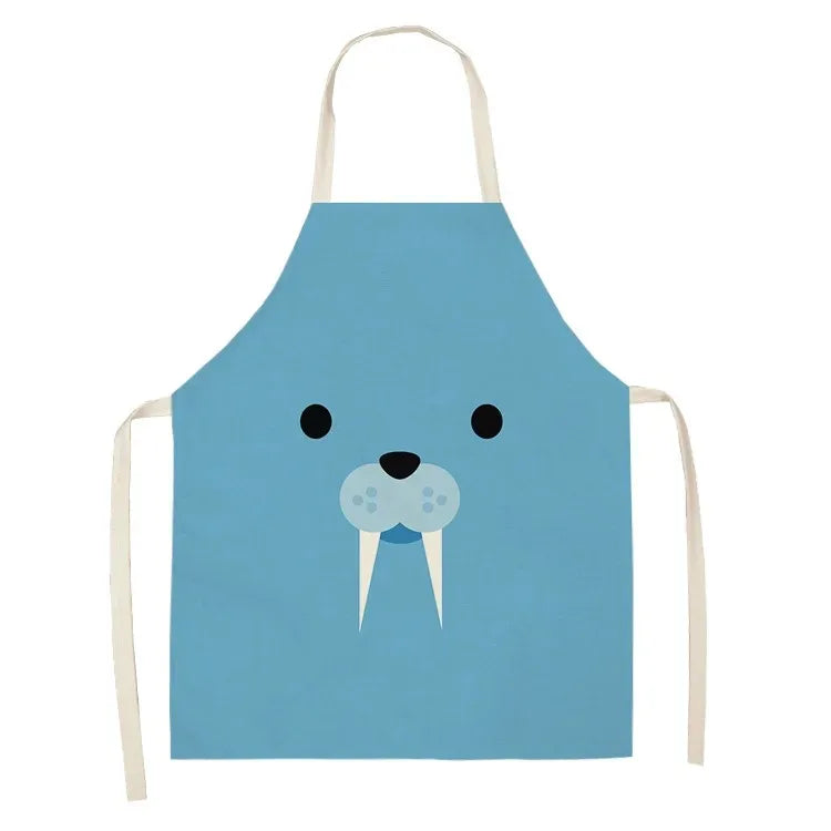Blue kawaii apron with a walrus design on a white background