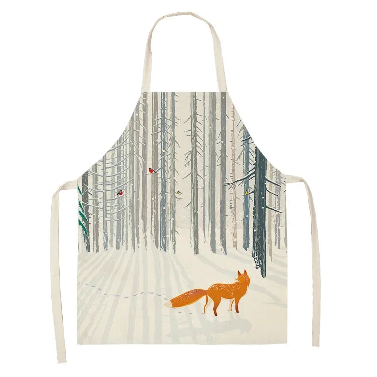 Kawaii apron with a forest design featuring a fox and birds on a white background