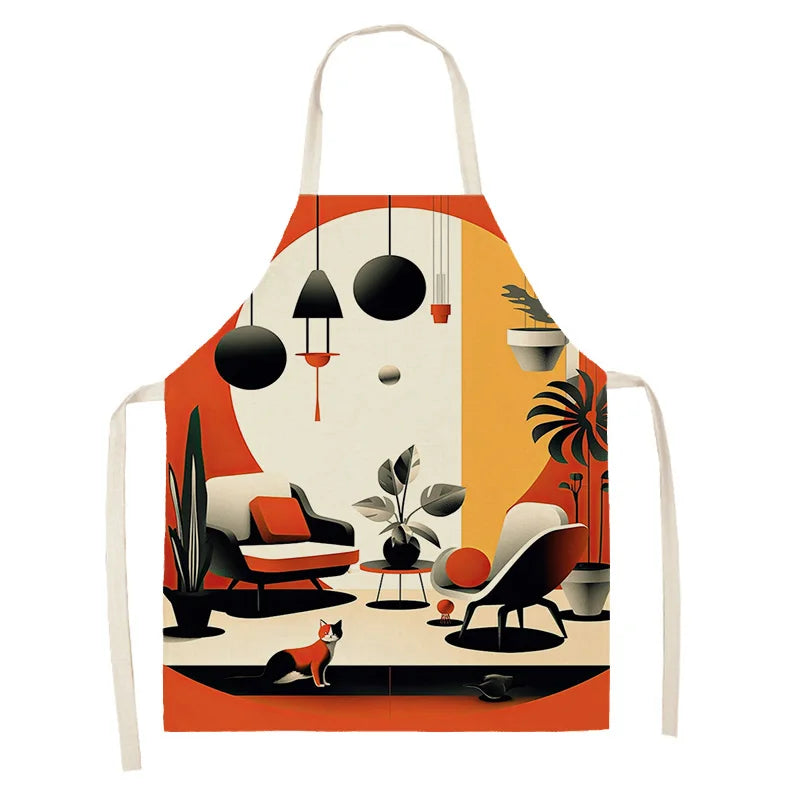 Kawaii apron with a retro interior design featuring furniture and decor on a white background