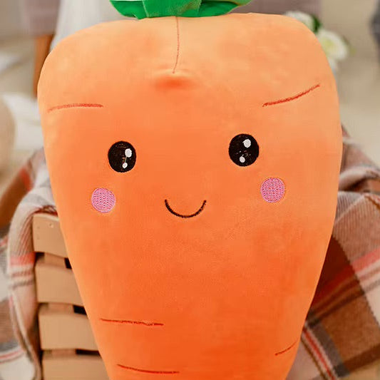 Kawaii plush carrot toy with a smiley face on a soft surface