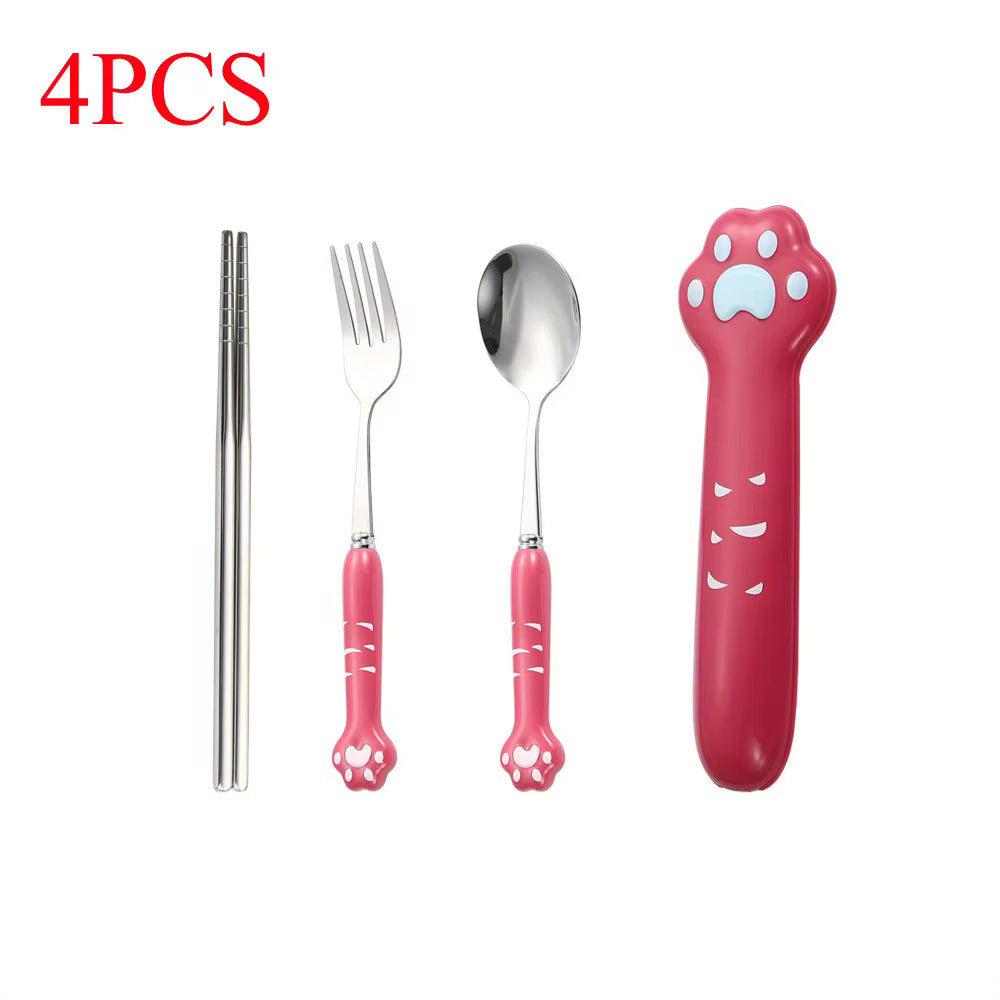 Set of four pink children's kawaii utensils items including a fork, spoon, chopsticks, and a paw-shaped item on a white background.