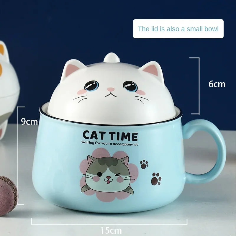 Cat-themed kawaii ramen bowl with lid, measurements indicated, on a dark blue background