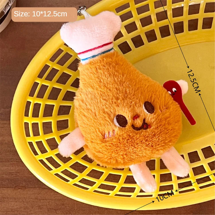 Plush toy resembling a kawaii cartoon character on a yellow basket with measurements indicated.