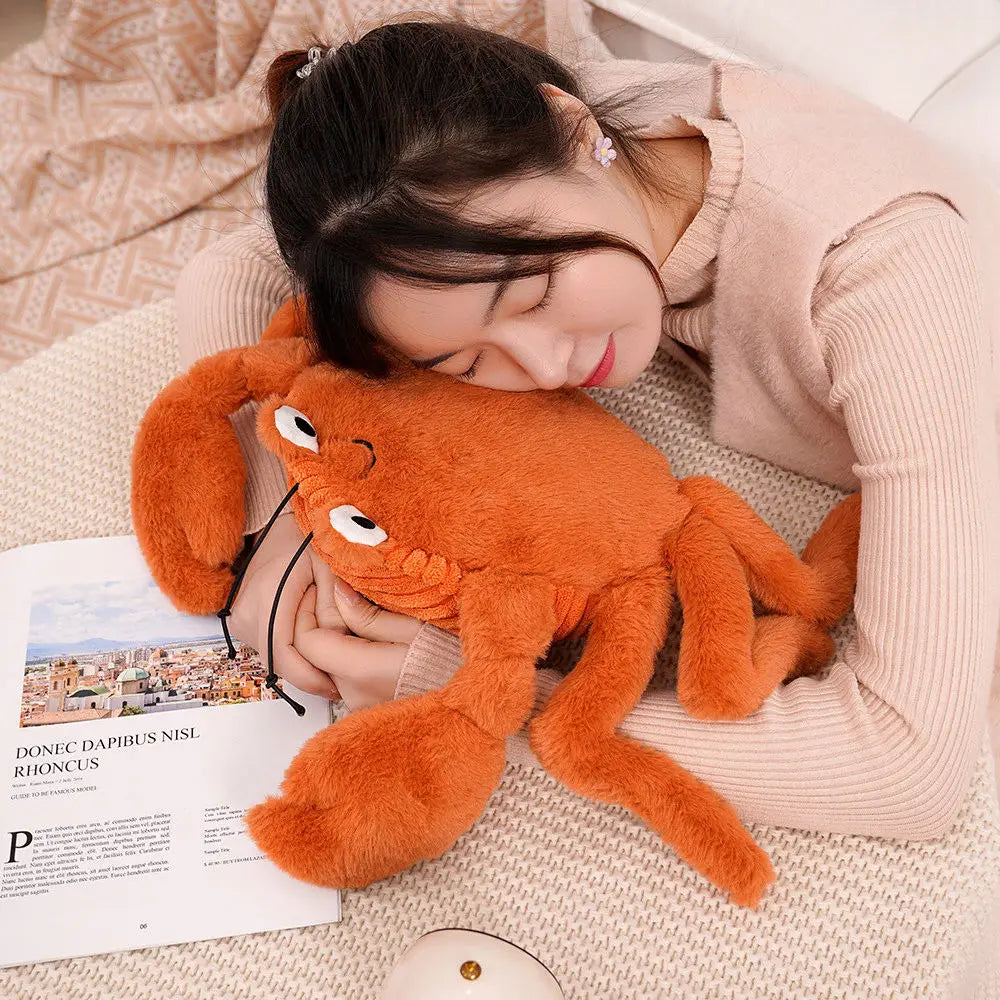 Woman hugging a large orange kawaii plush toy on a bed with a magazine underneath