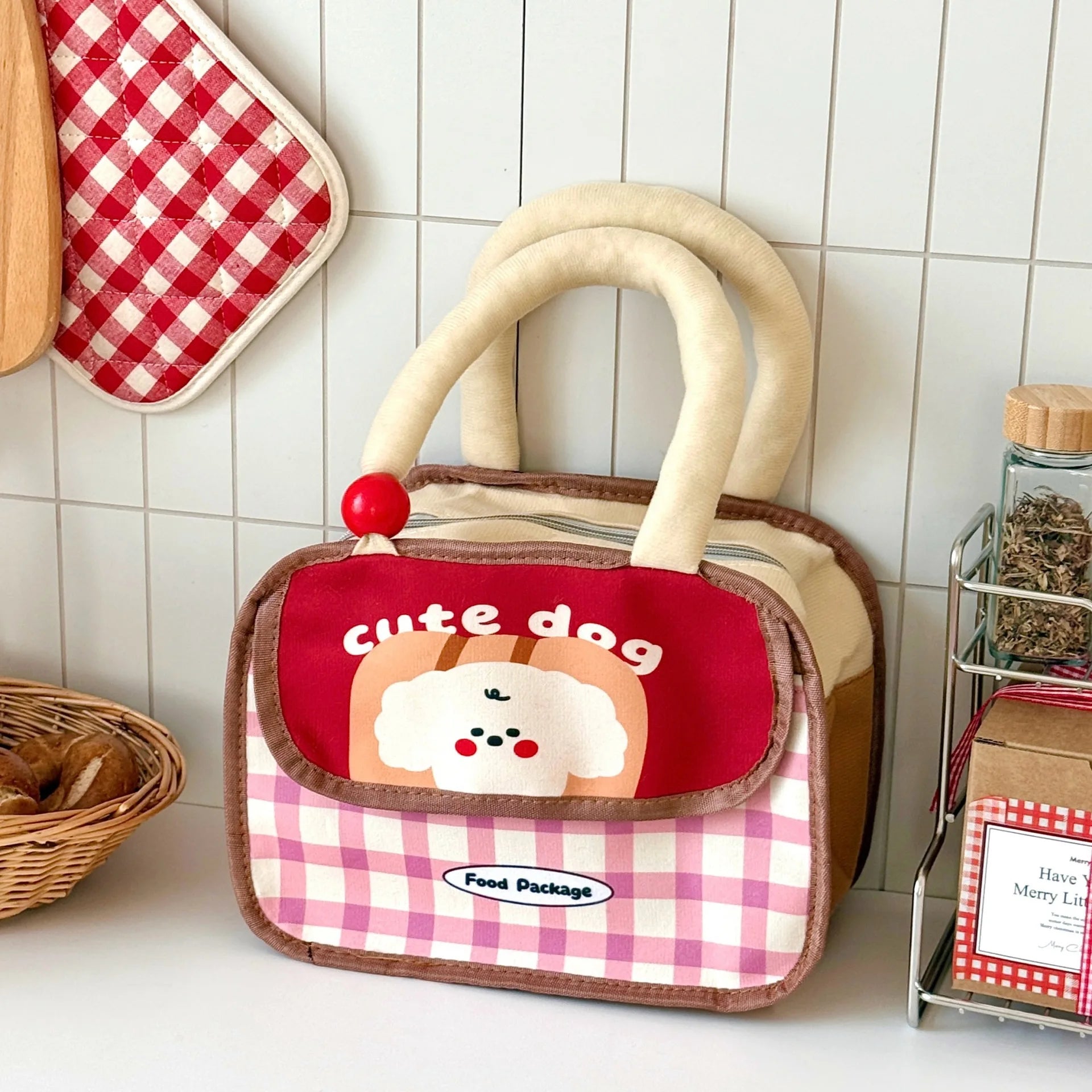 Children's toy kawaii bag with a cute dog design on a kitchen counter.