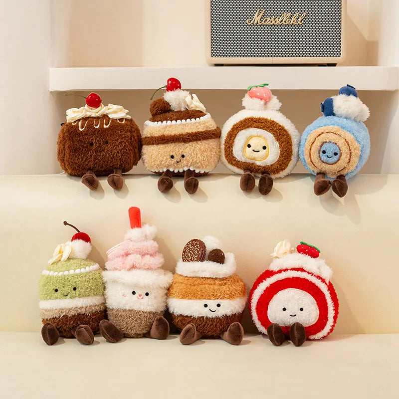 Set of kawaii plush toys shaped like desserts on a shelf with a neutral background