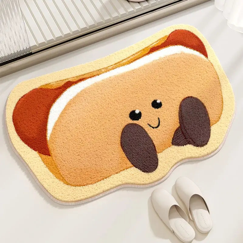 Toasted bread-shaped kawaii rug with a smiley face on a white surface