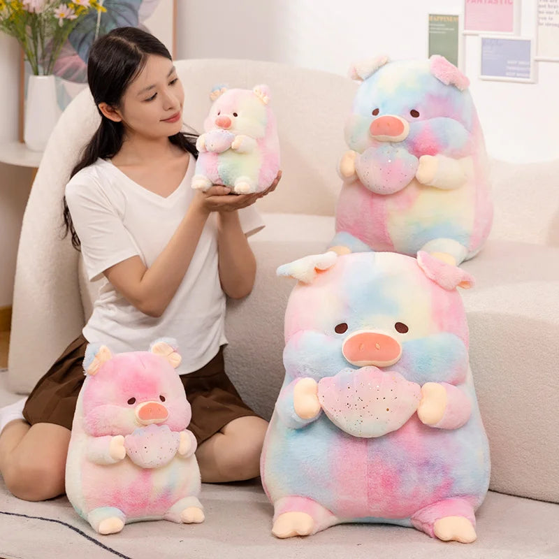 A women sitting on a floor next to four kawaii pig shaped plush toys