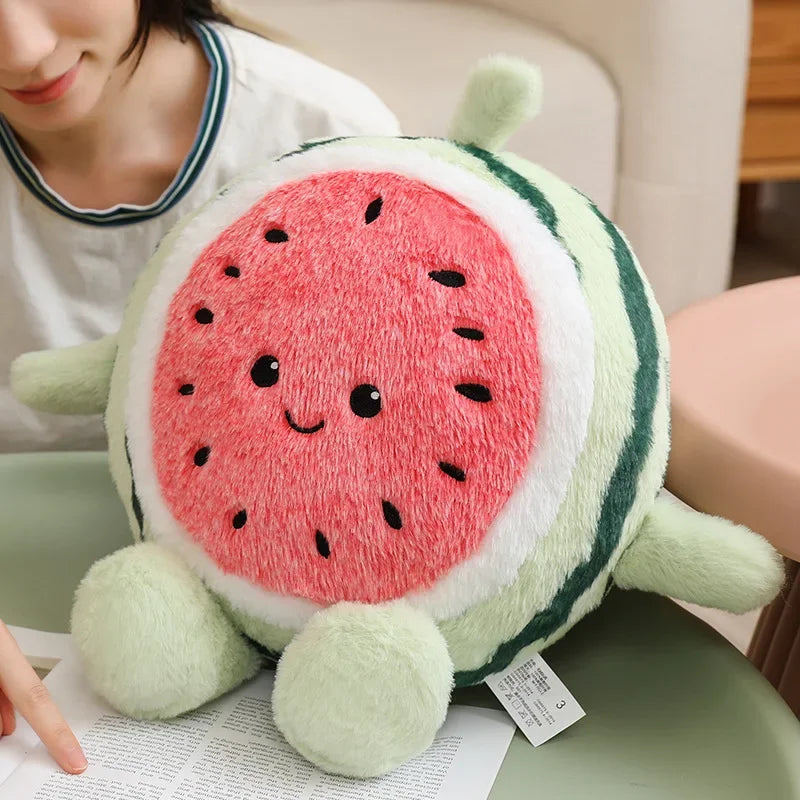 Kawaii plush toy shaped like a watermelon held by a person.